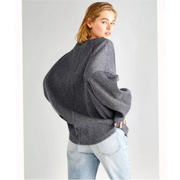 FREE PEOPLE Easy V Pullover Sweatshirt L Ribbed Oversized Slouchy Boho Beach - Picture 5 of 11